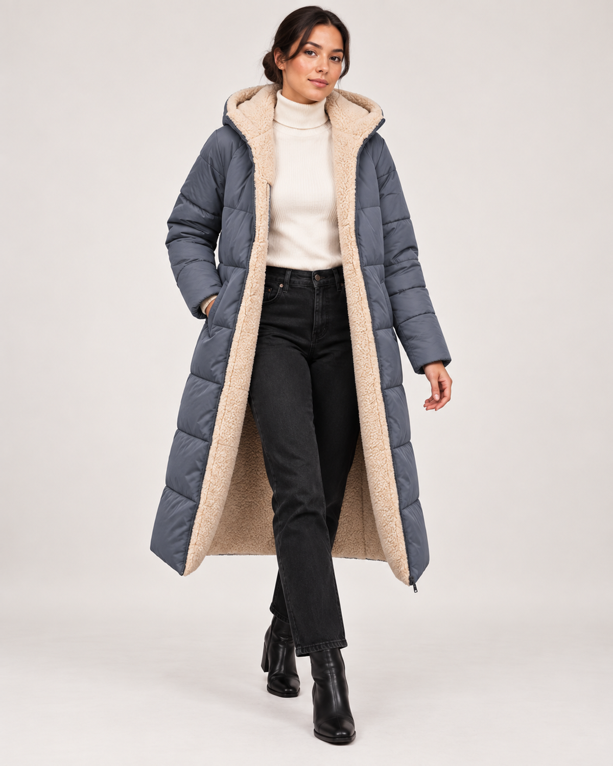 Women’s dark grey long puffer coat open front product view