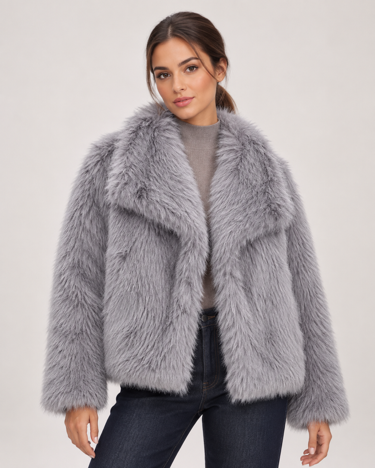Women’s grey faux fur jacket front product view