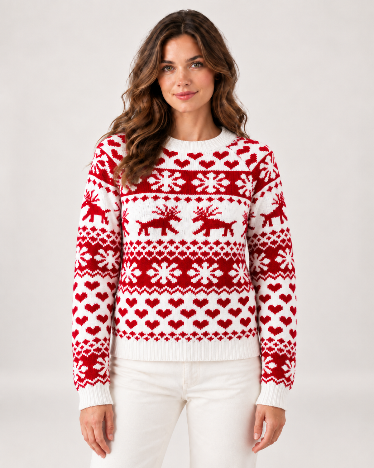 Women’s Christmas Jumper with Reindeer Pattern in White, product-focused view