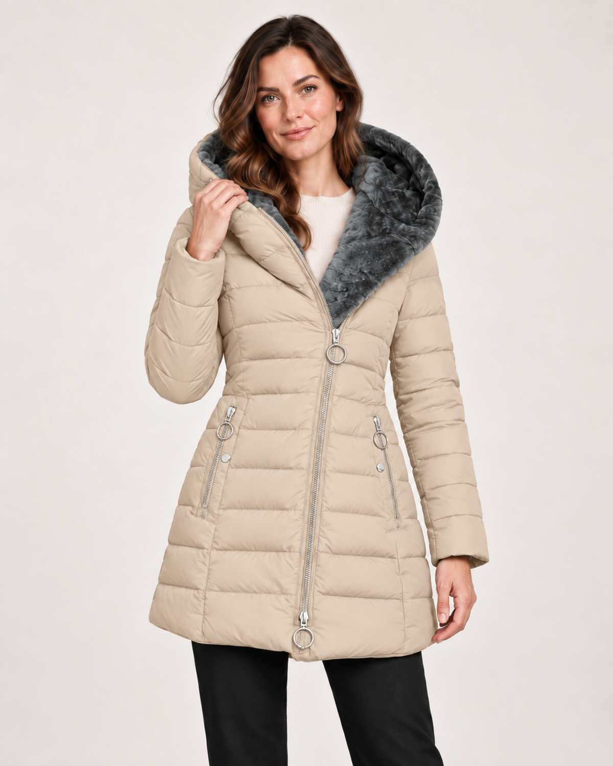 Women’s Long Puffer Jacket with Hood and Asymmetric Zip in Apricot, short outerwear product focus view