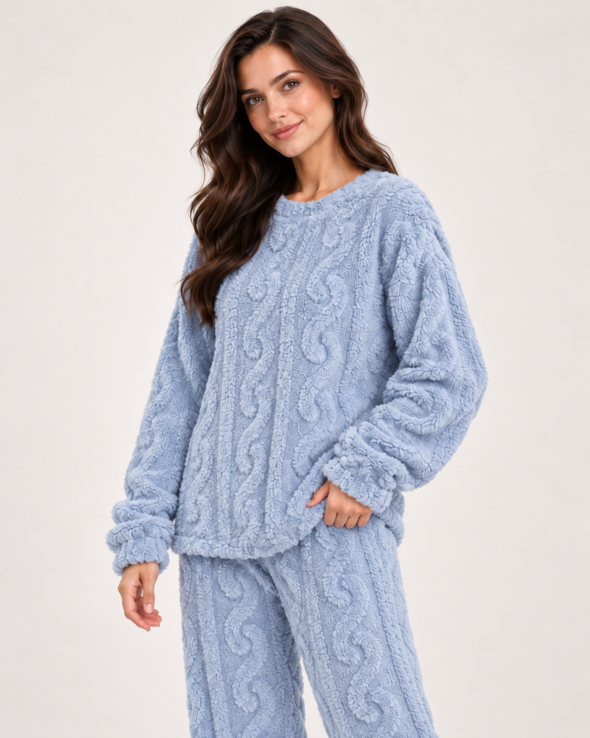 Women’s Fleece Pyjamas with Cable Pattern in Blue, lower body product focus view