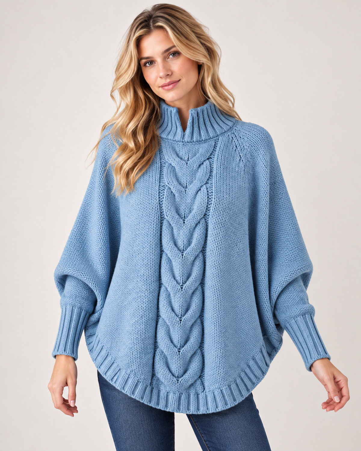 Women’s Cable Knit Jumper with High Neck and Batwing Sleeves in Blue, upper body product focus view