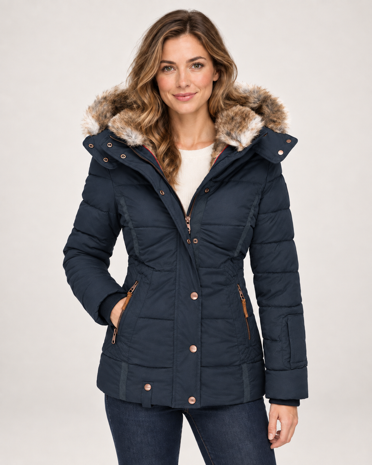 Women’s Puffer Jacket with Faux Fur Hood in Blue, short outerwear product focus view