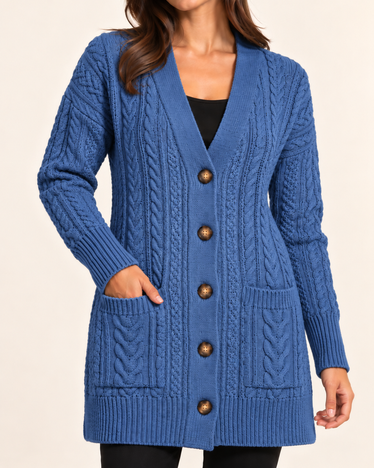 Women's blue cable knit button front coatigan close variant view
