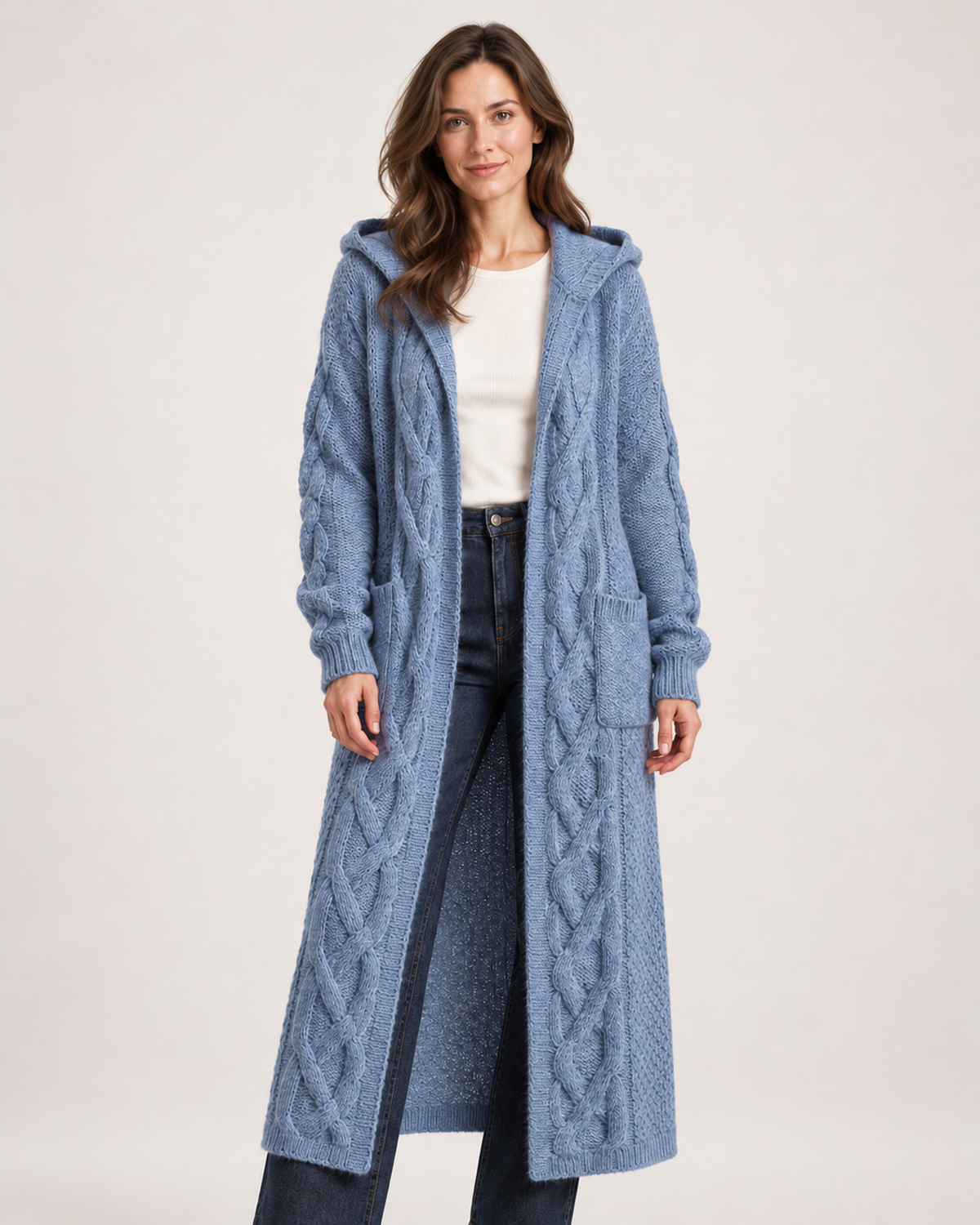 Women’s Long Cardigan with Hood and Cable Detail in Blue, upper body product focus view