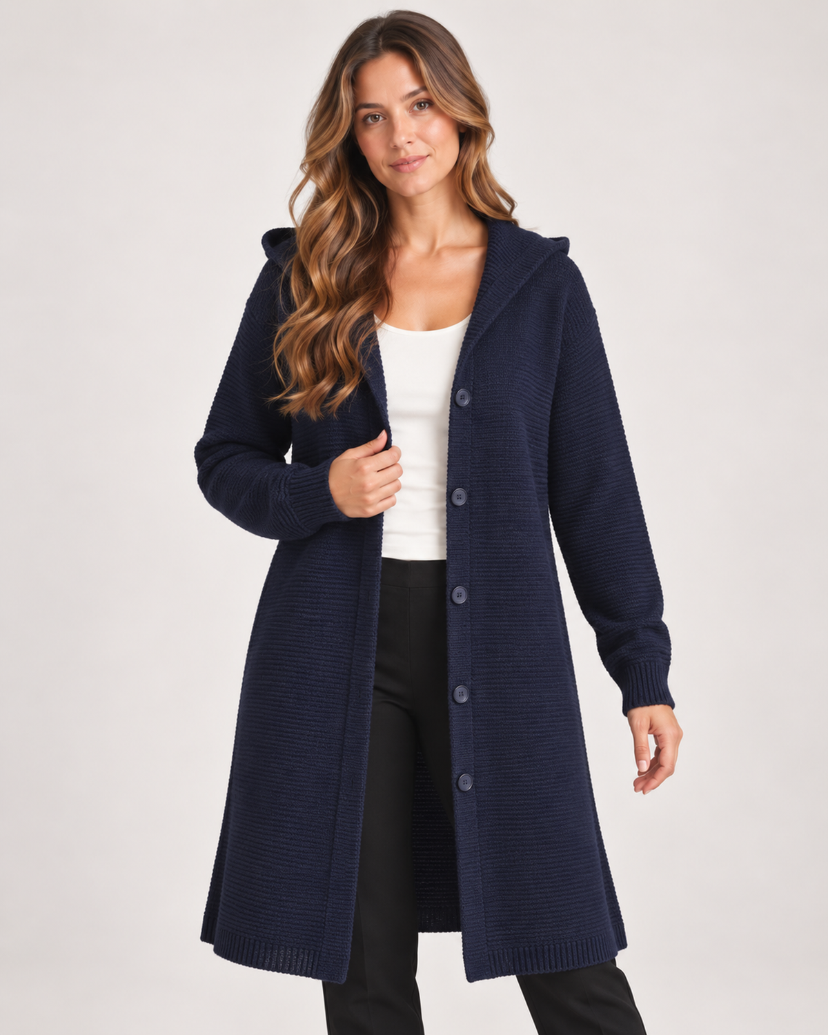 Women’s Longline Cardigan with Hood and Button Front in Blue, upper body product focus view