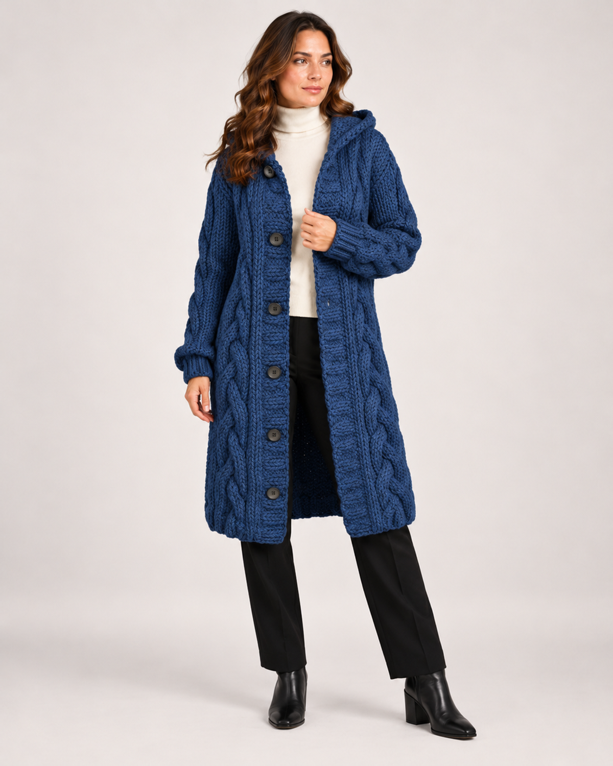 Women's Longline Cardigan with Cable Knit and Hood blue close variant view