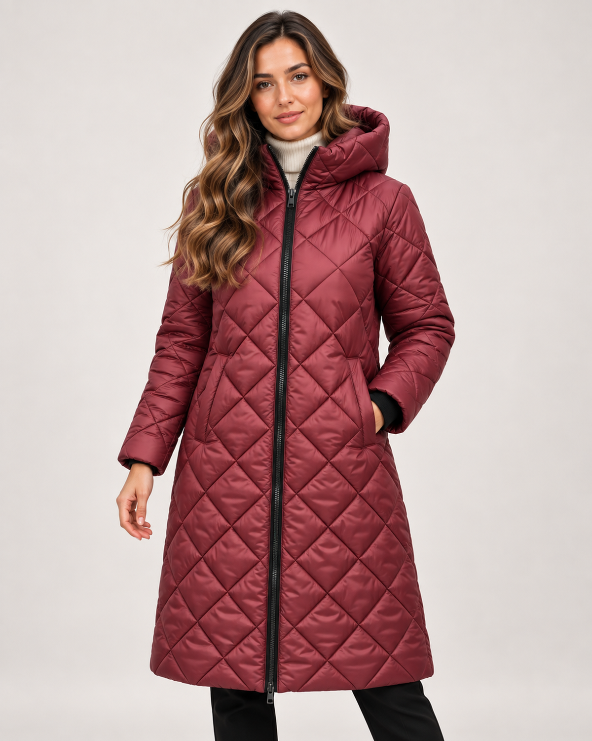 Women’s Long Puffer Jacket with Hood and Diamond Quilting in Brick Red, short outerwear product focus view