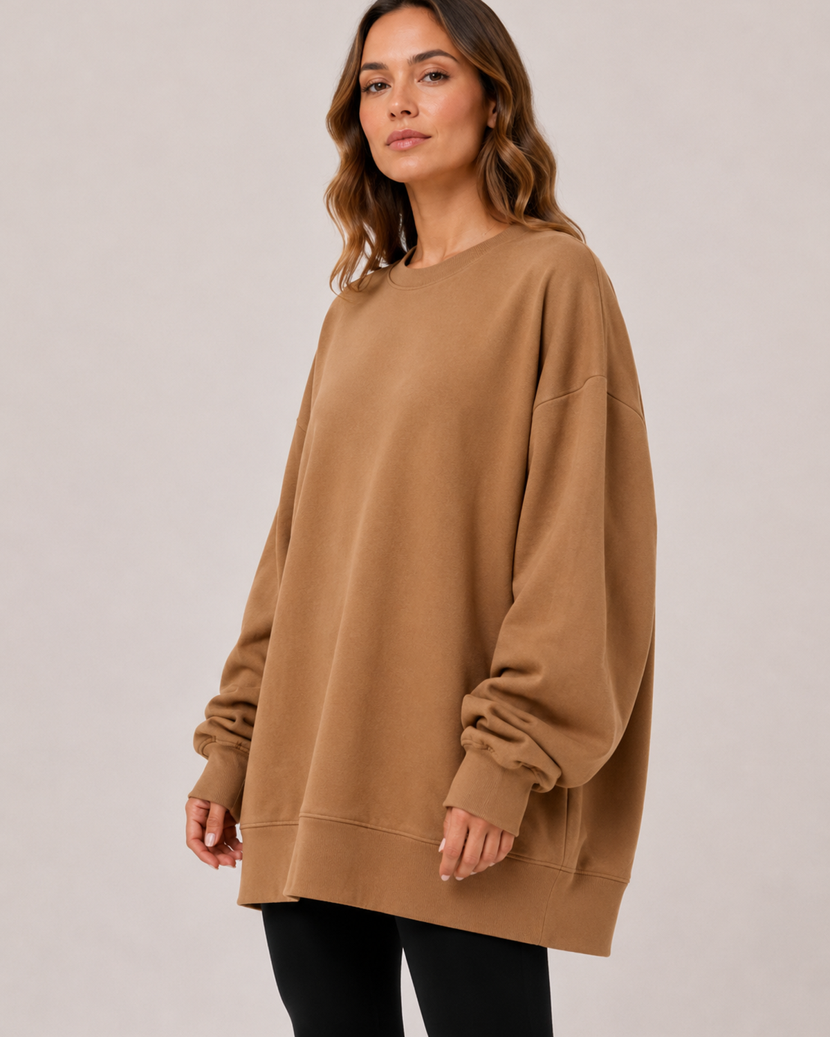 Women’s Oversized Sweatshirt with Crew Neck in Brown, three quarter body view