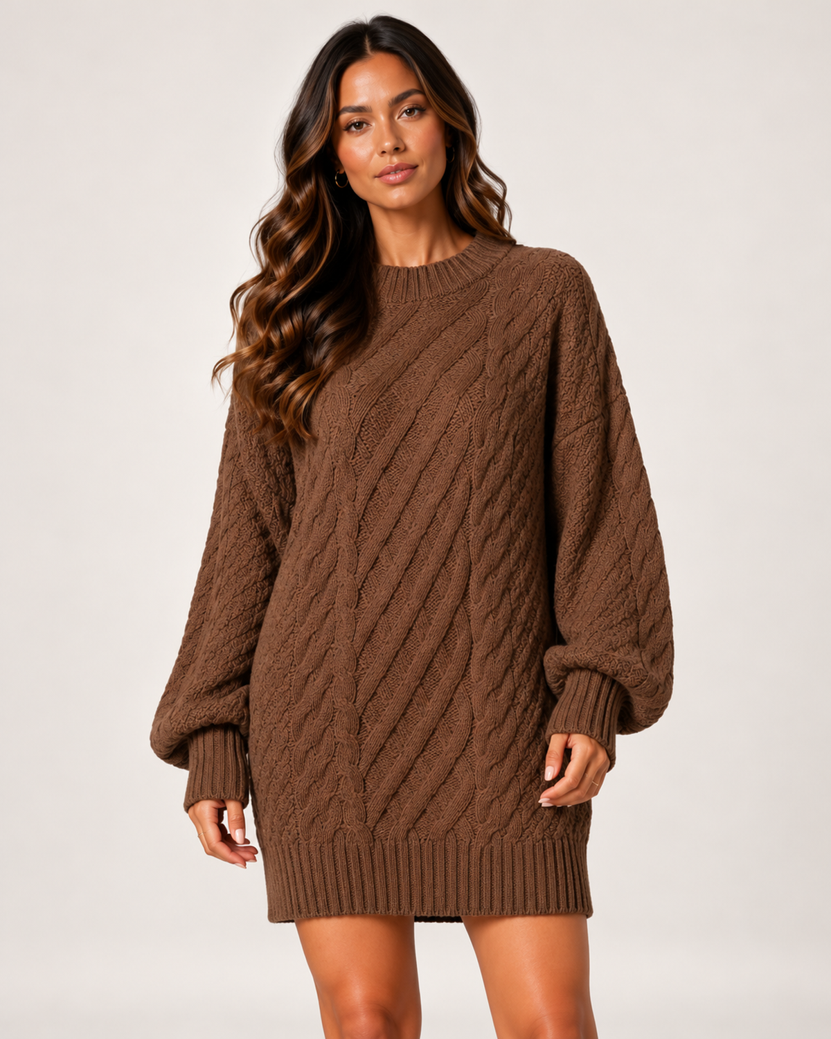 Women's brown oversized cable knit jumper dress