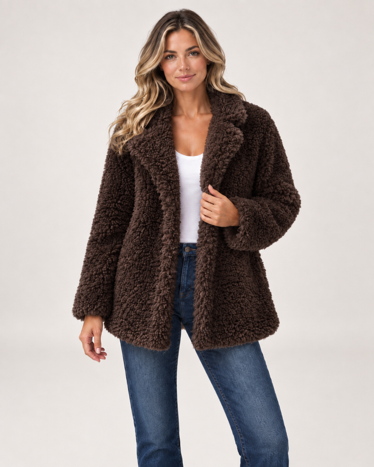 Women’s Teddy Coat with Wide Lapel Collar in Brown, short outerwear product focus view