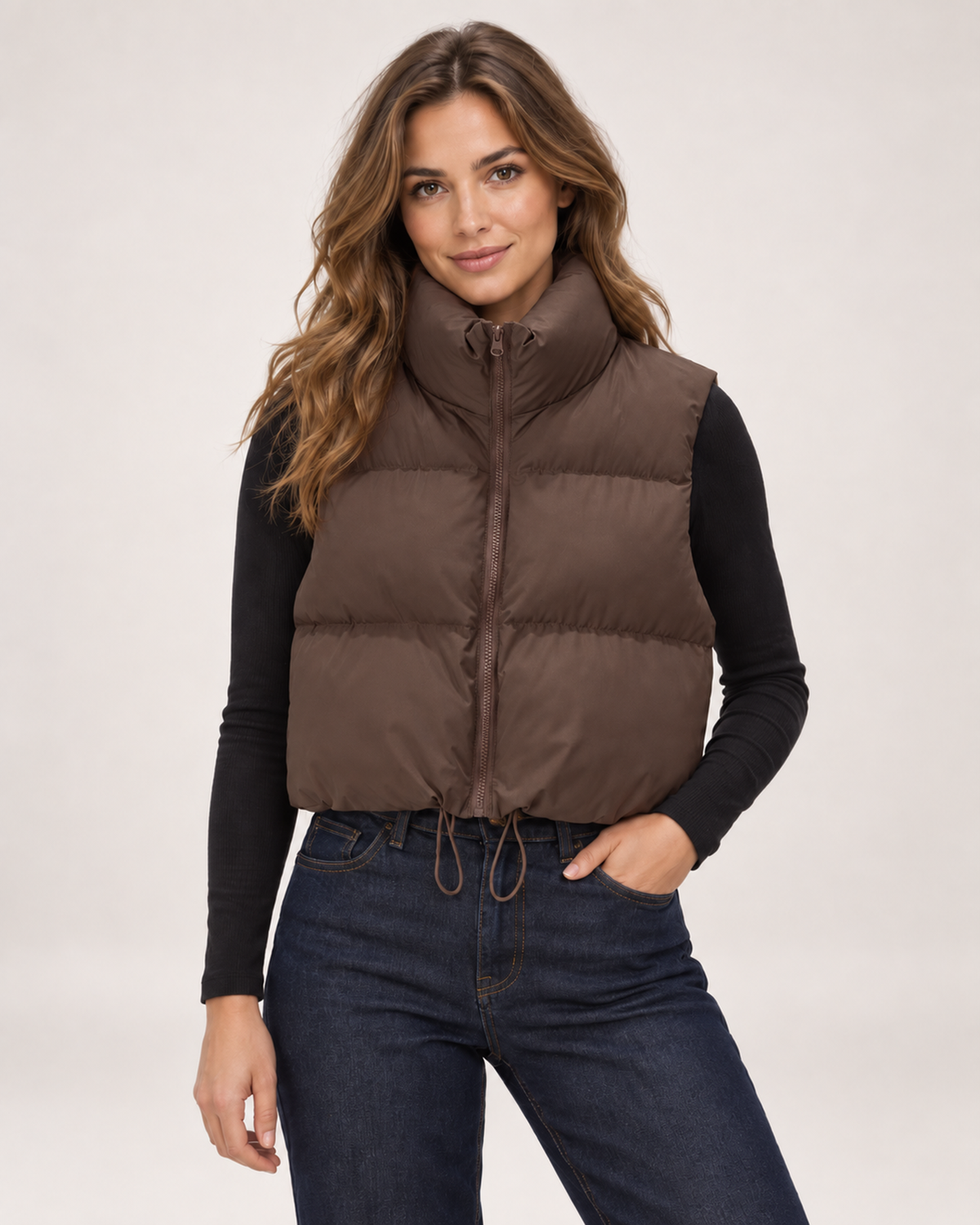 Women’s Puffer Gilet with Cropped Shape and Stand Collar in Brown, short outerwear product focus view