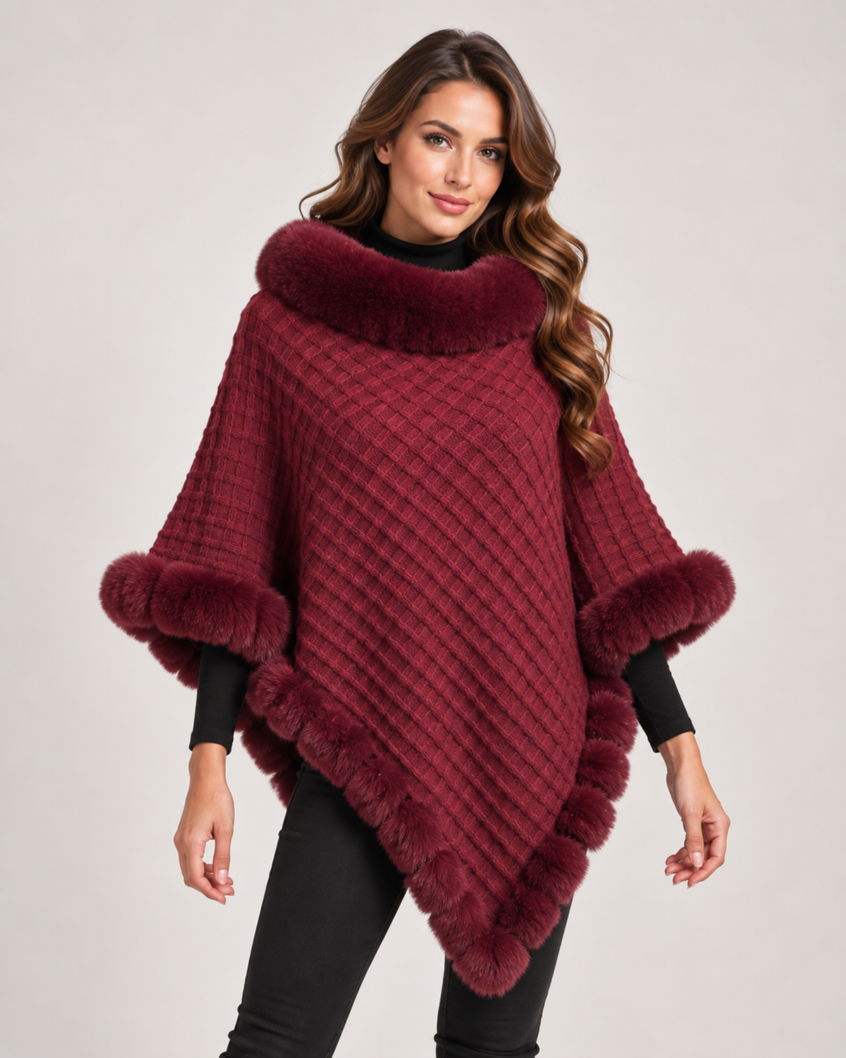 Women’s Cape Coat with Faux Fur Trim in Burgundy, short outerwear product focus view