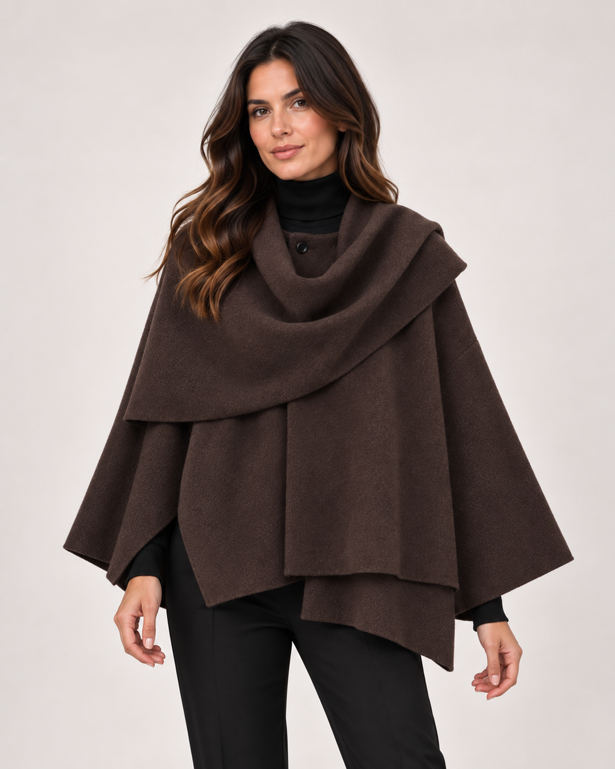 Women’s Cape Coat with Asymmetric Scarf Collar in Coffee Brown, lower body product focus view