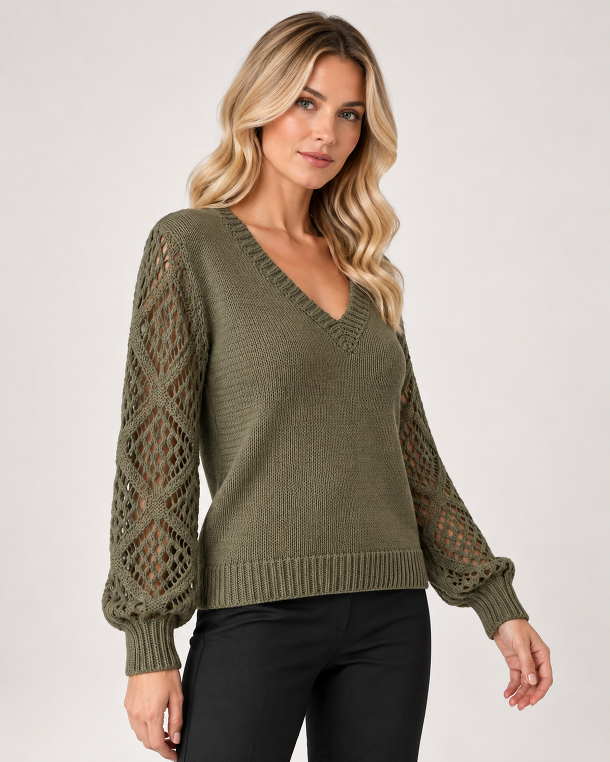 Women’s V Neck Jumper with Openwork Sleeves in Dark Green, upper body product focus view