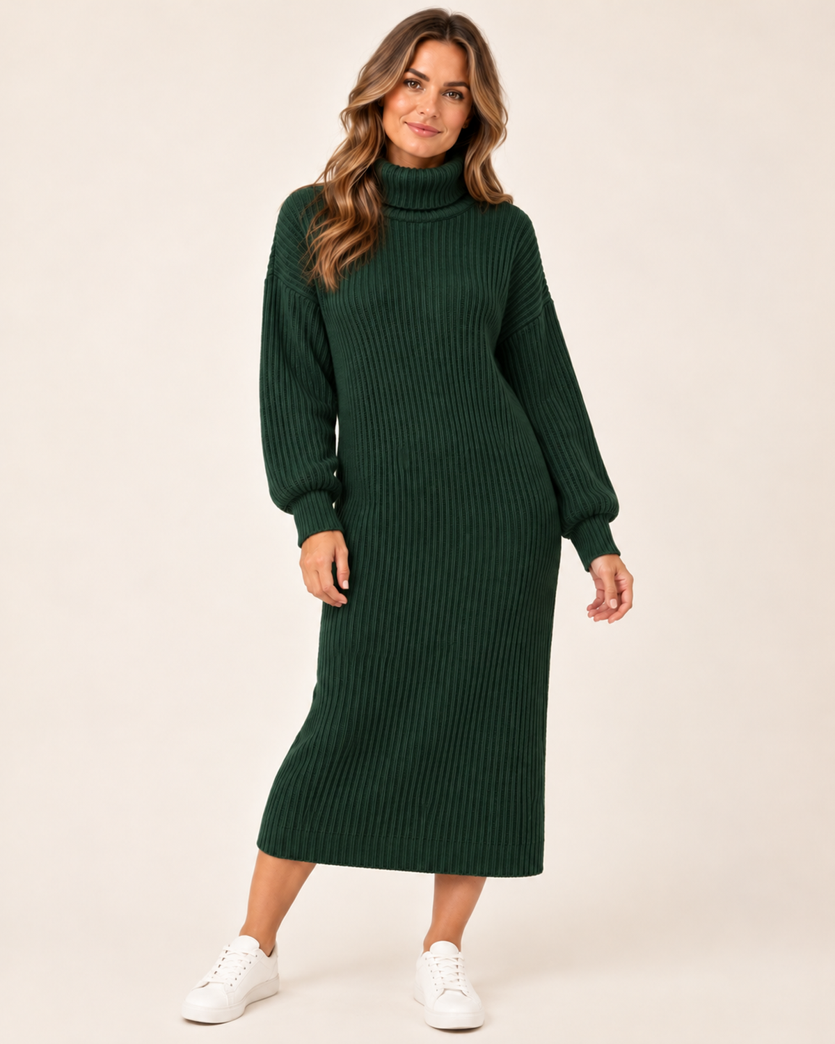 Women’s Jumper Dress with Roll Neck and Ribbed Finish in Dark Green, full body view