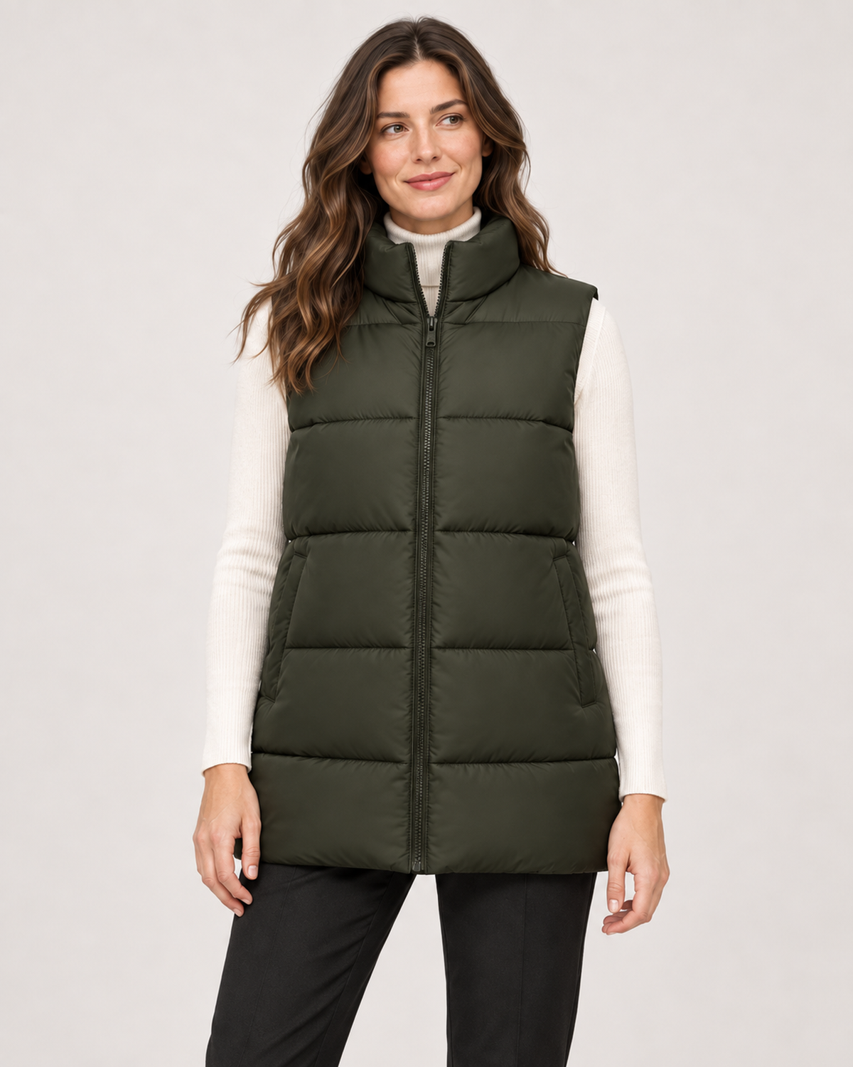 Women’s Puffer Gilet with Longline Shape and Stand Collar in Dark Green, full body view