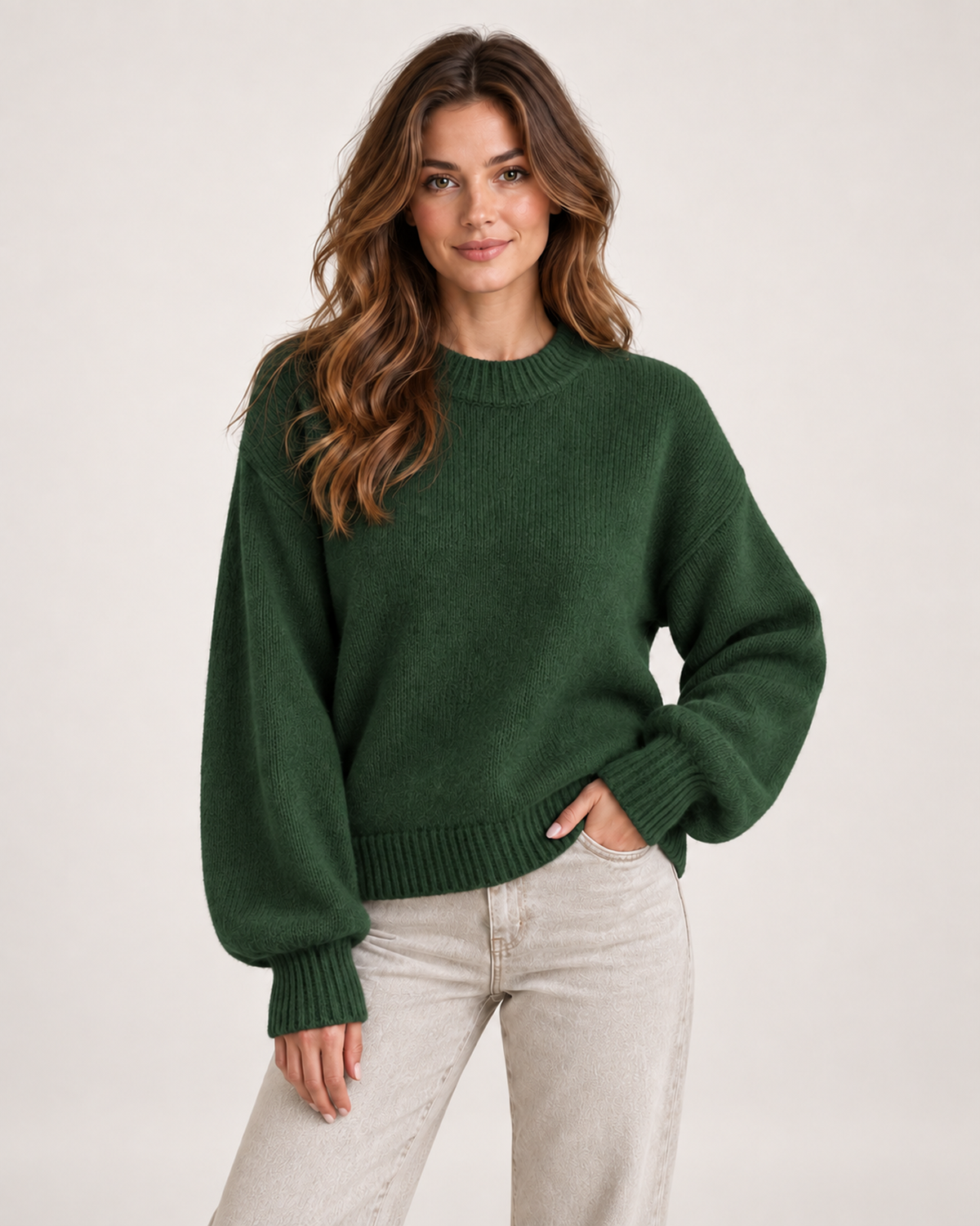 Women’s Crew Neck Jumper with Balloon Sleeves in Dark Green, upper body product focus view