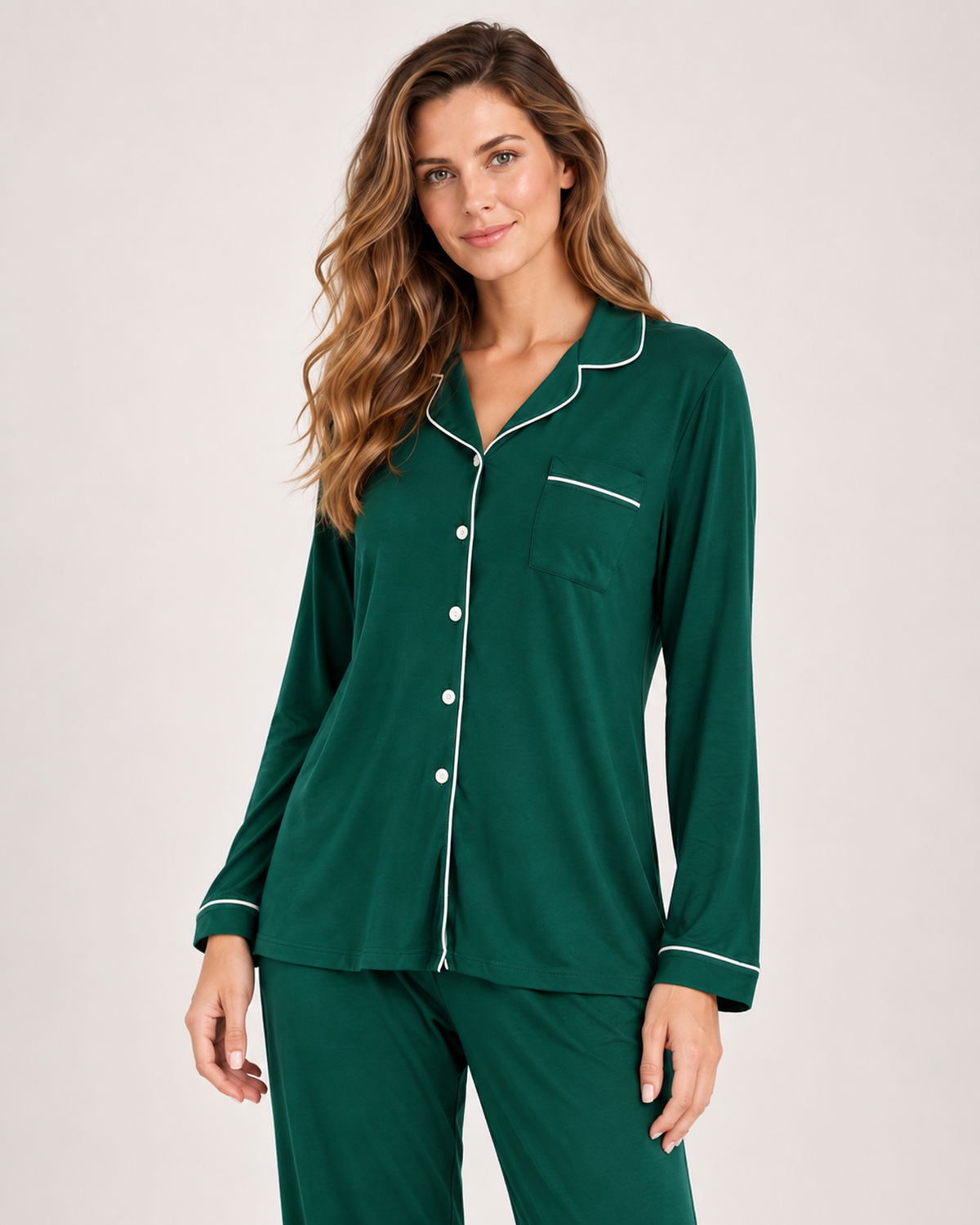 Women’s Pyjama Set in Modal with Contrast Piping in Green, lower body product focus view