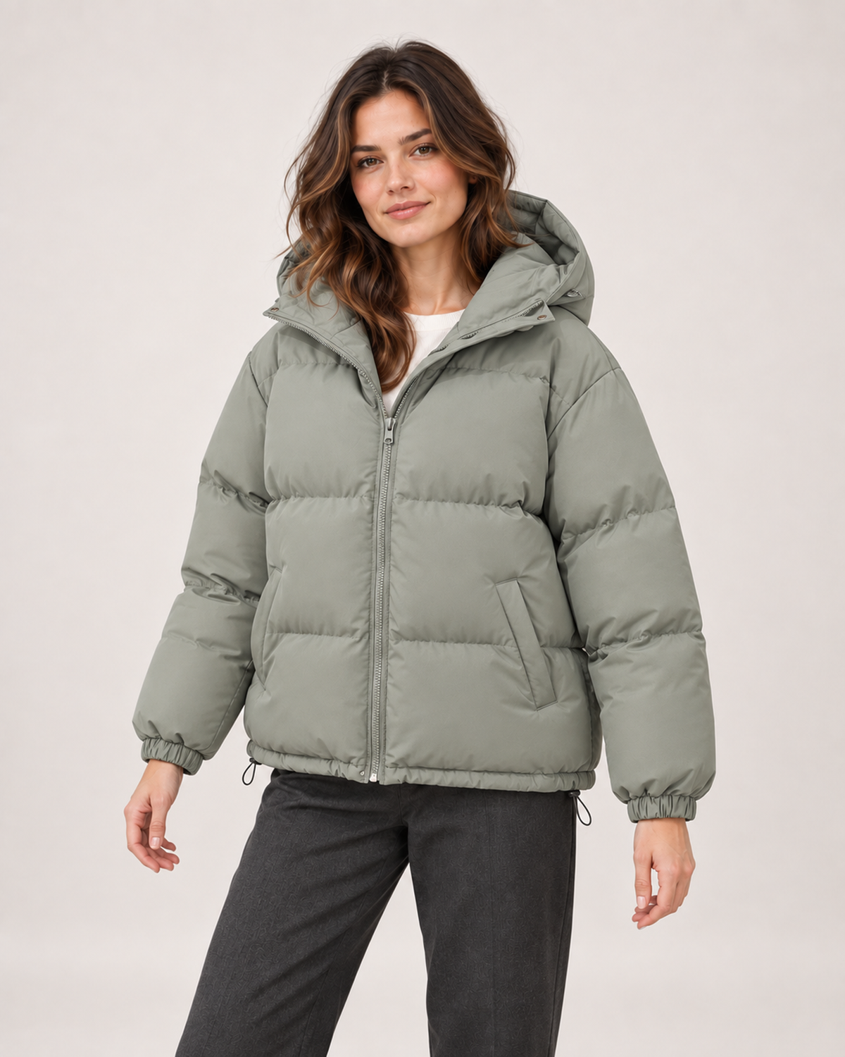 Women’s Puffer Jacket with Hood and Zip Front in Grey Green, short outerwear product focus view