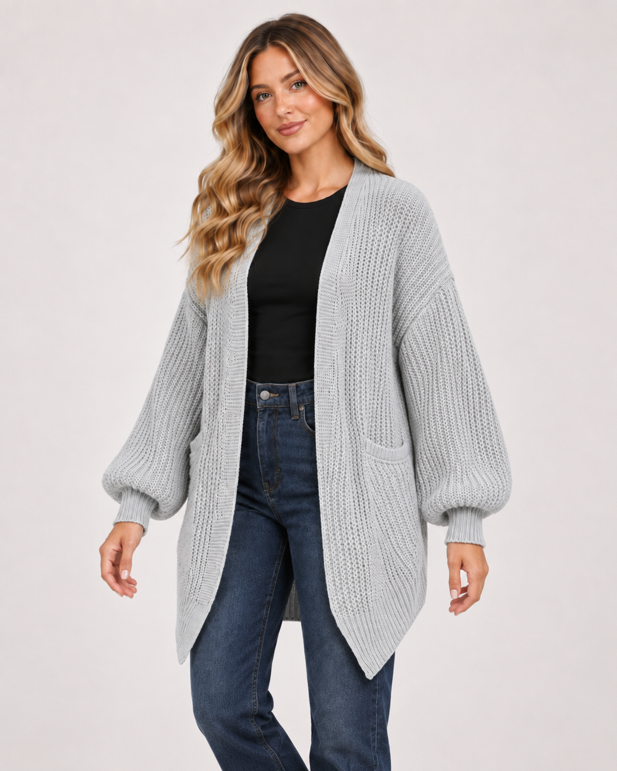 Women’s Balloon Sleeve Cardigan with Chunky Knit in Grey, upper body product focus view