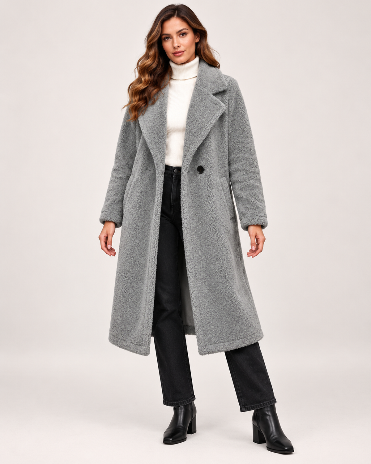 Women’s Borg Coat with Long Shape and Lapel Collar in Grey, short outerwear product focus view