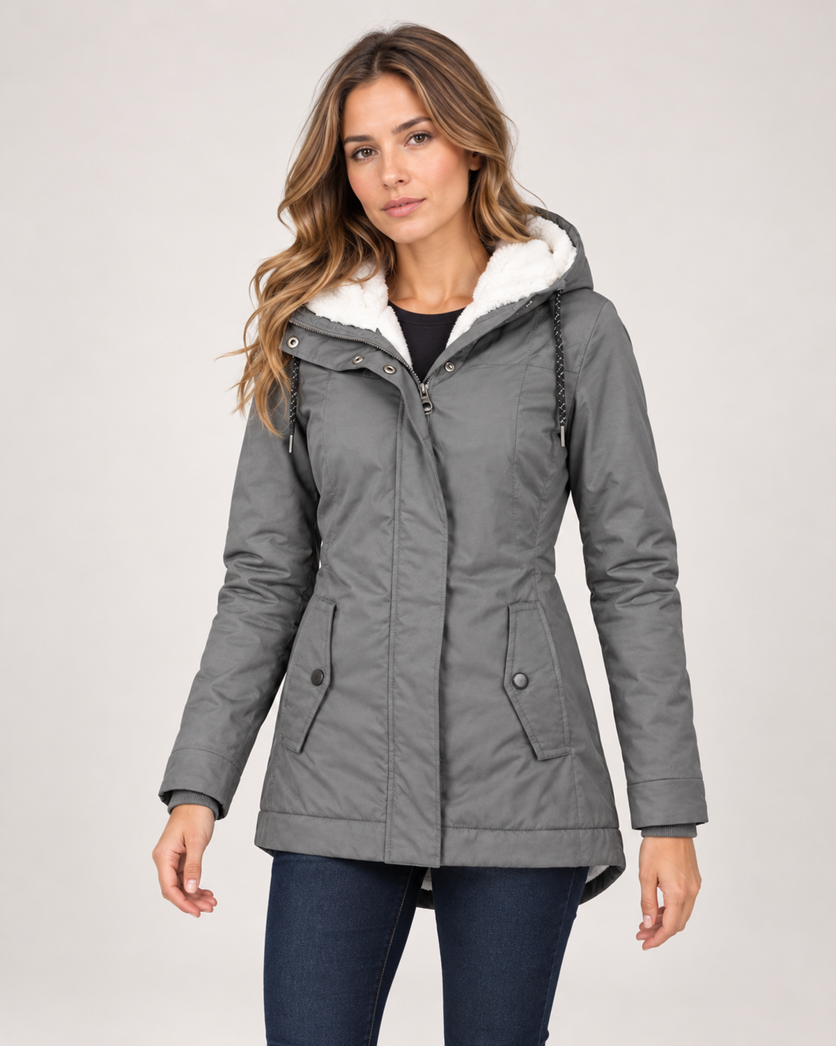 Women’s Fleece Lined Jacket with Hood and Zip Front in Grey, short outerwear product focus view