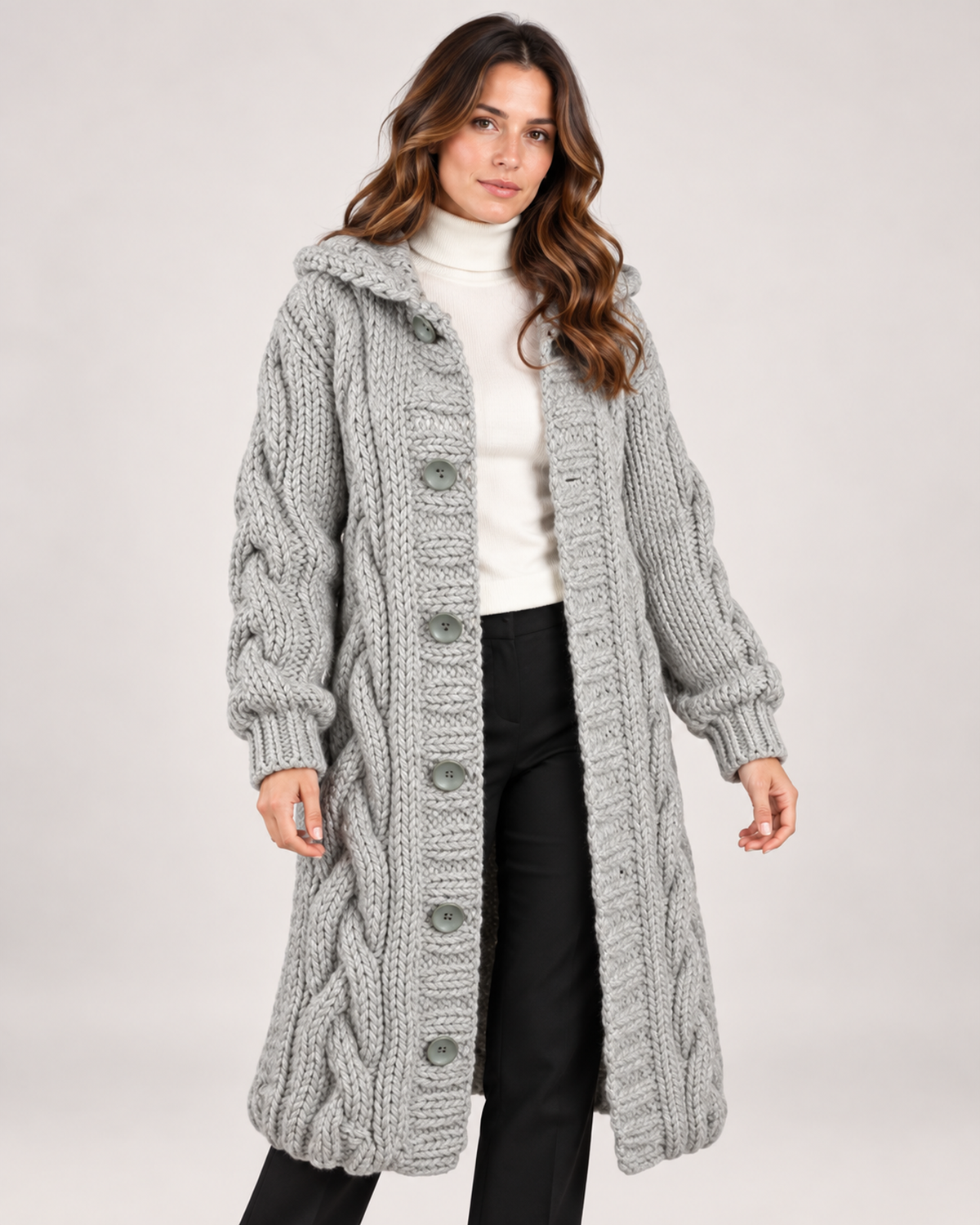 Women’s Longline Cardigan with Cable Knit and Hood in Grey, full body view