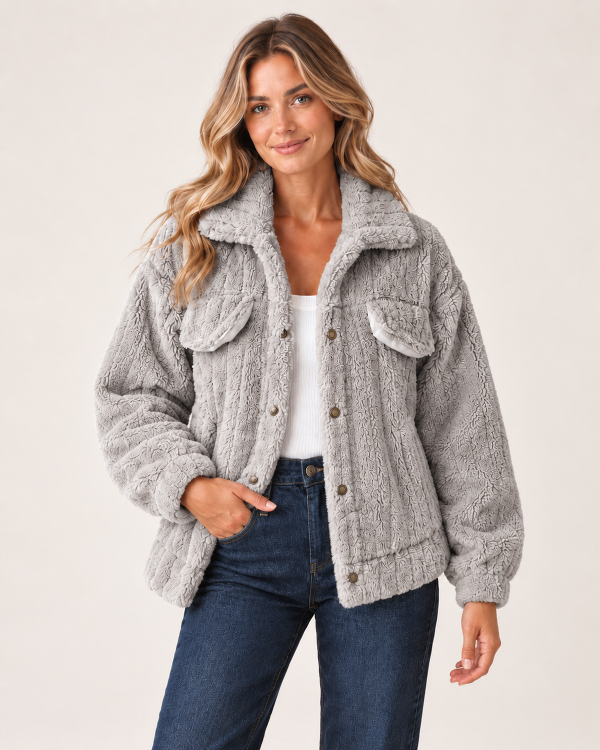 Women’s Borg Jacket with Collar and Chest Pockets in Grey, short outerwear product focus view