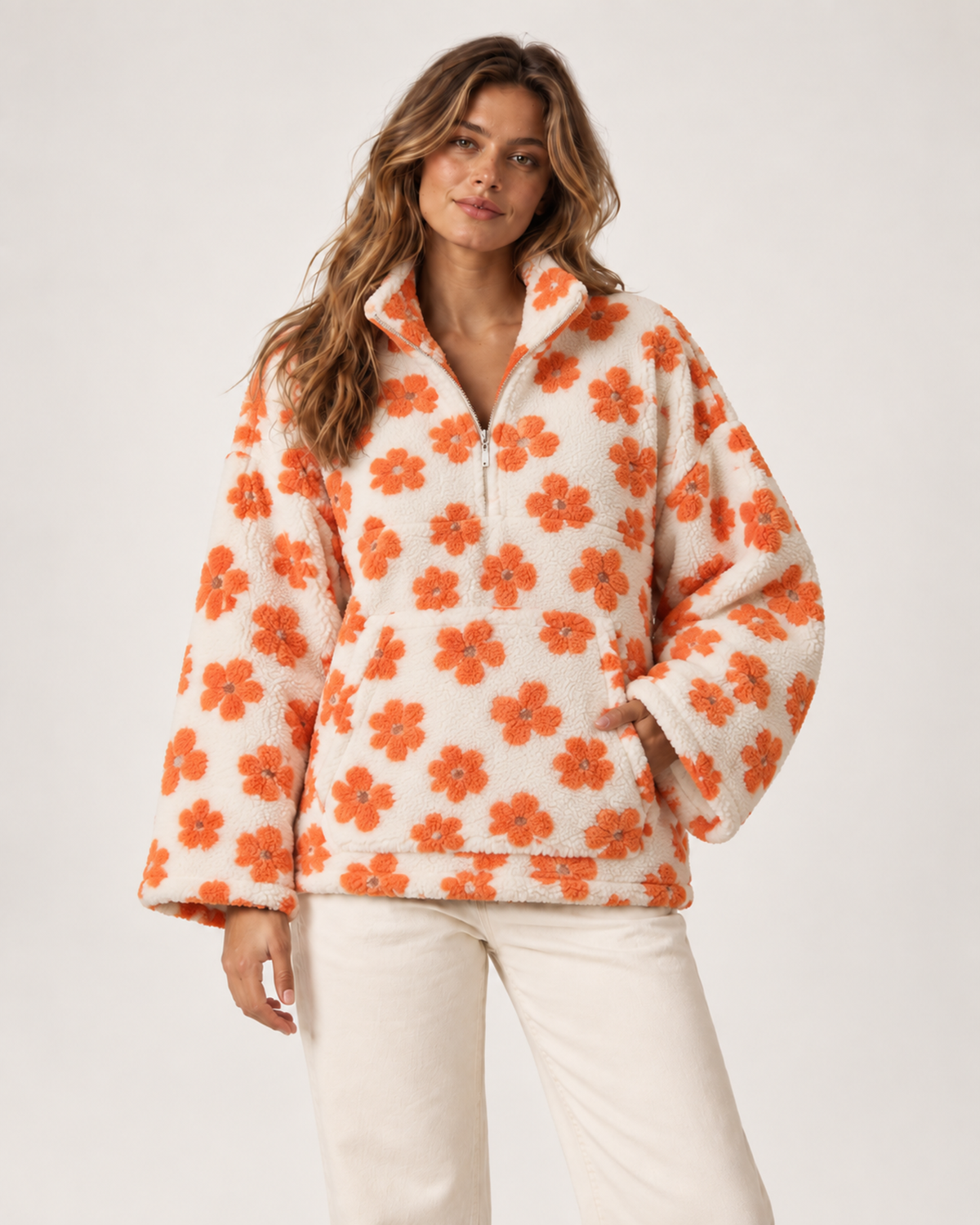 Women’s Borg Jacket with Floral Pattern and Half Zip in Ivory Orange Floral, short outerwear product focus view