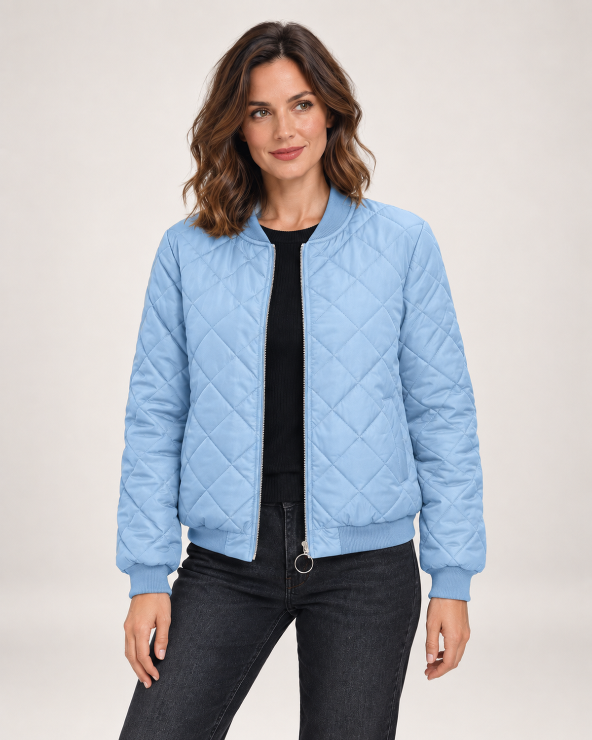 Women’s Quilted Jacket with Stand Collar in Light Blue, short outerwear product focus view