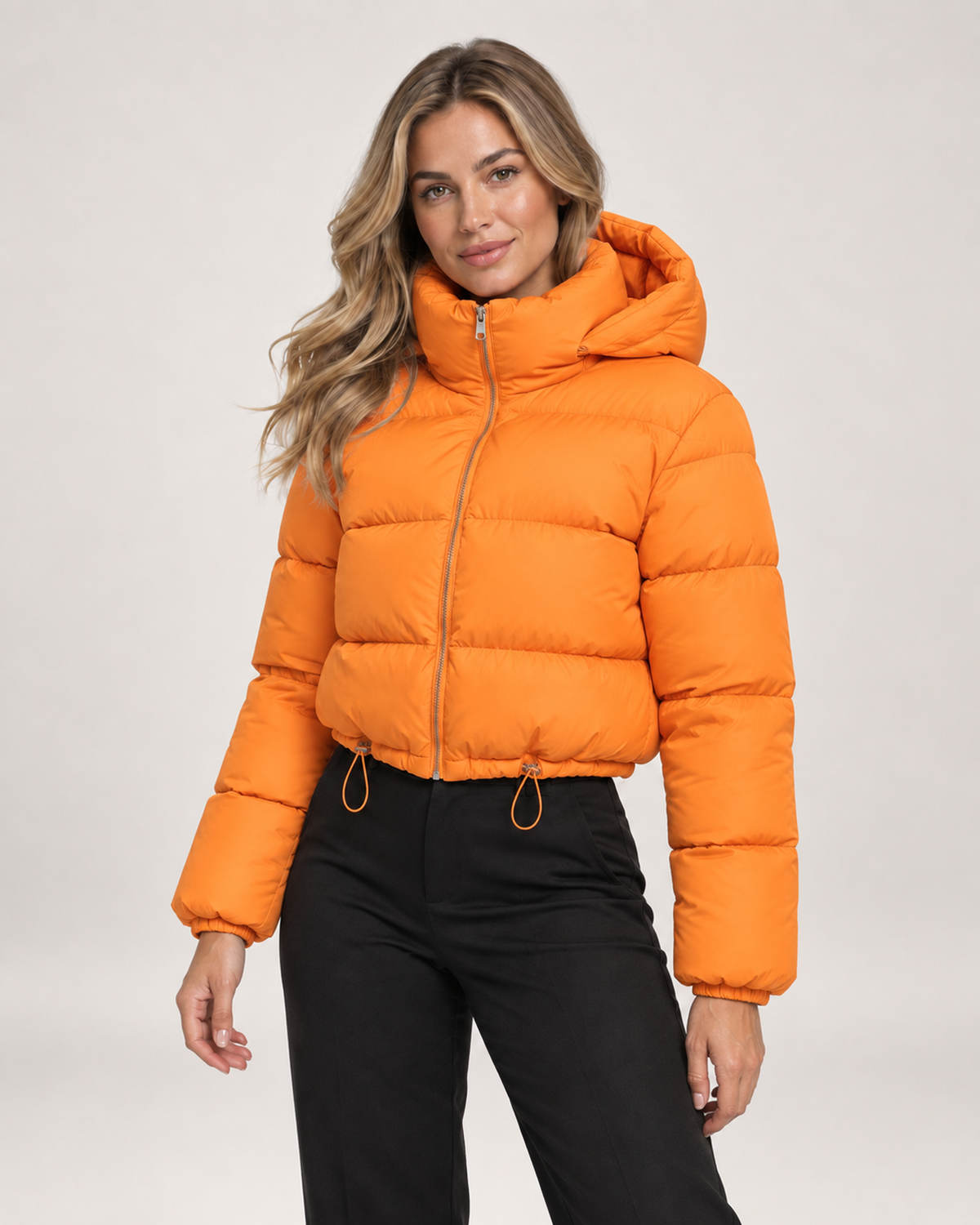 Women’s Puffer Jacket with Hood and Adjustable Hem in Orange, short outerwear product focus view
