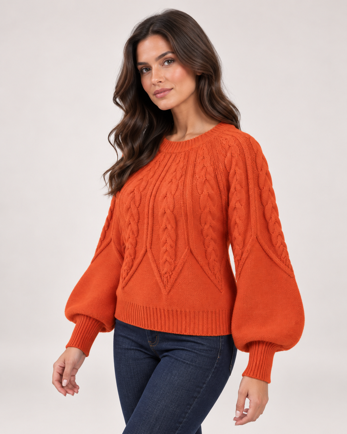 Women’s Cable Knit Jumper with Balloon Sleeves in Orange, upper body product focus view