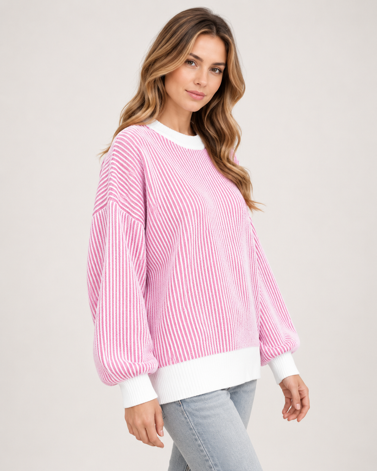 Women’s Striped Jumper with Contrast Trim in Pink, upper body product focus view