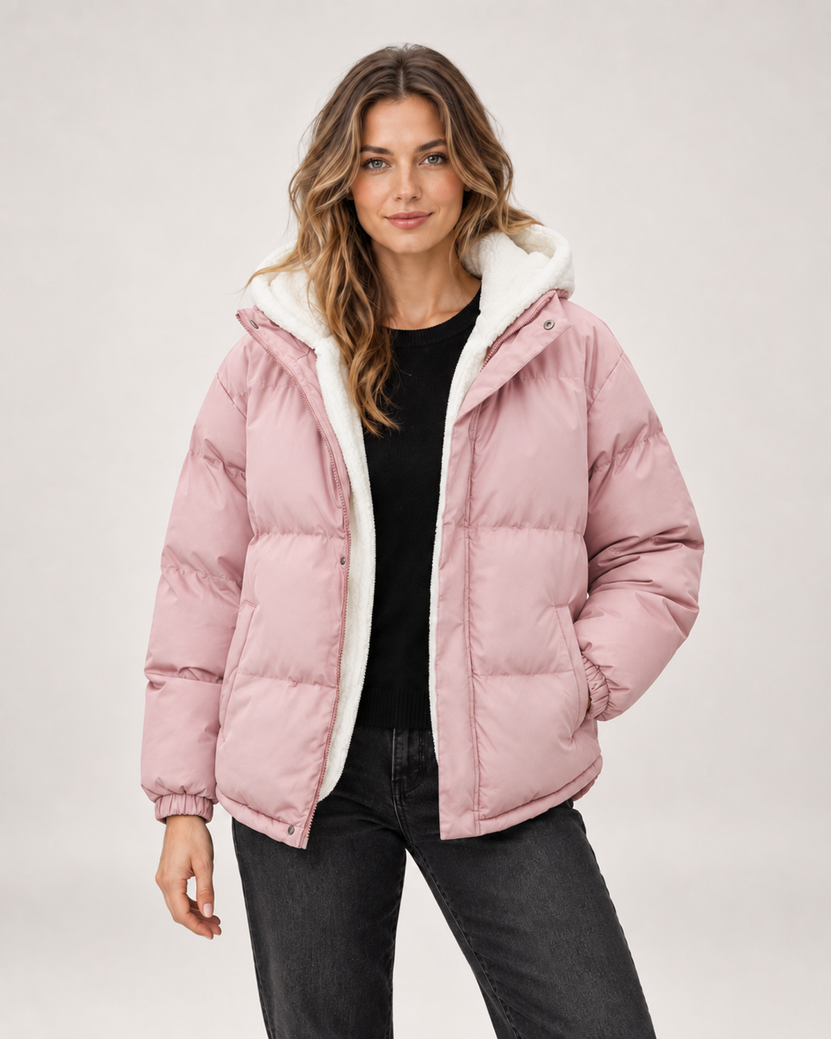 Women’s Puffer Jacket with Hood and Zip Front in Pink, short outerwear product focus view