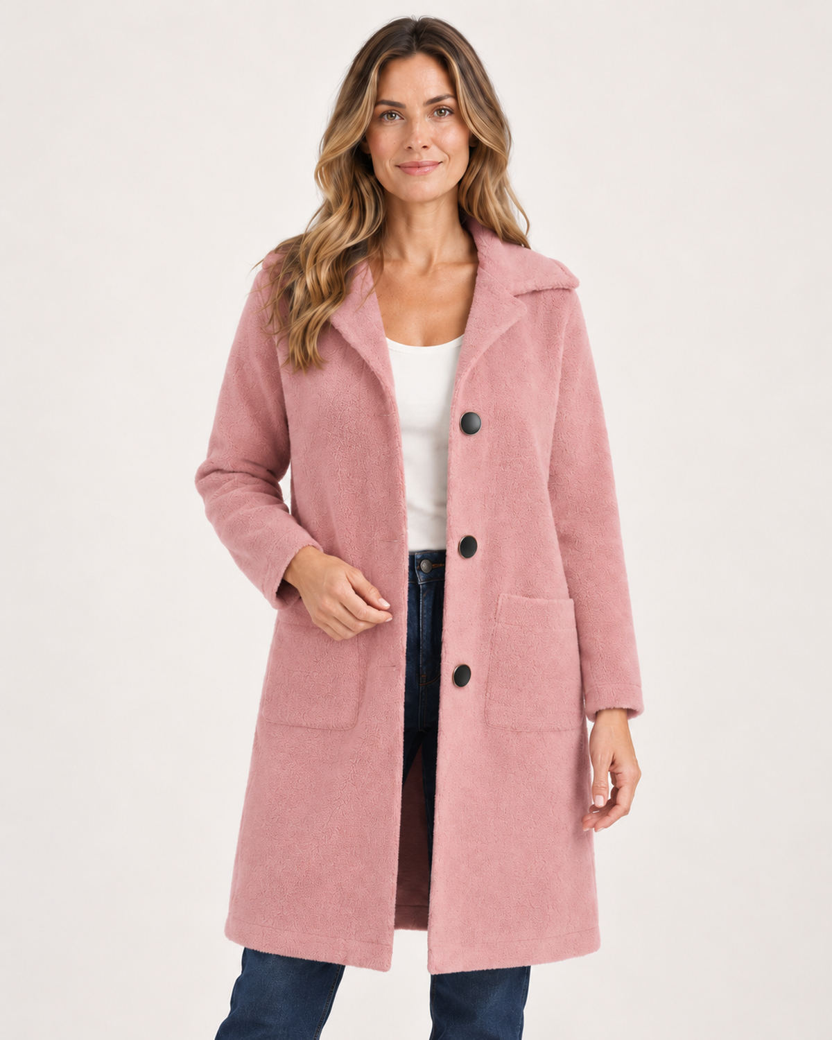 Women’s Longline Cardigan with Button Front and Pockets in Pink, full body view