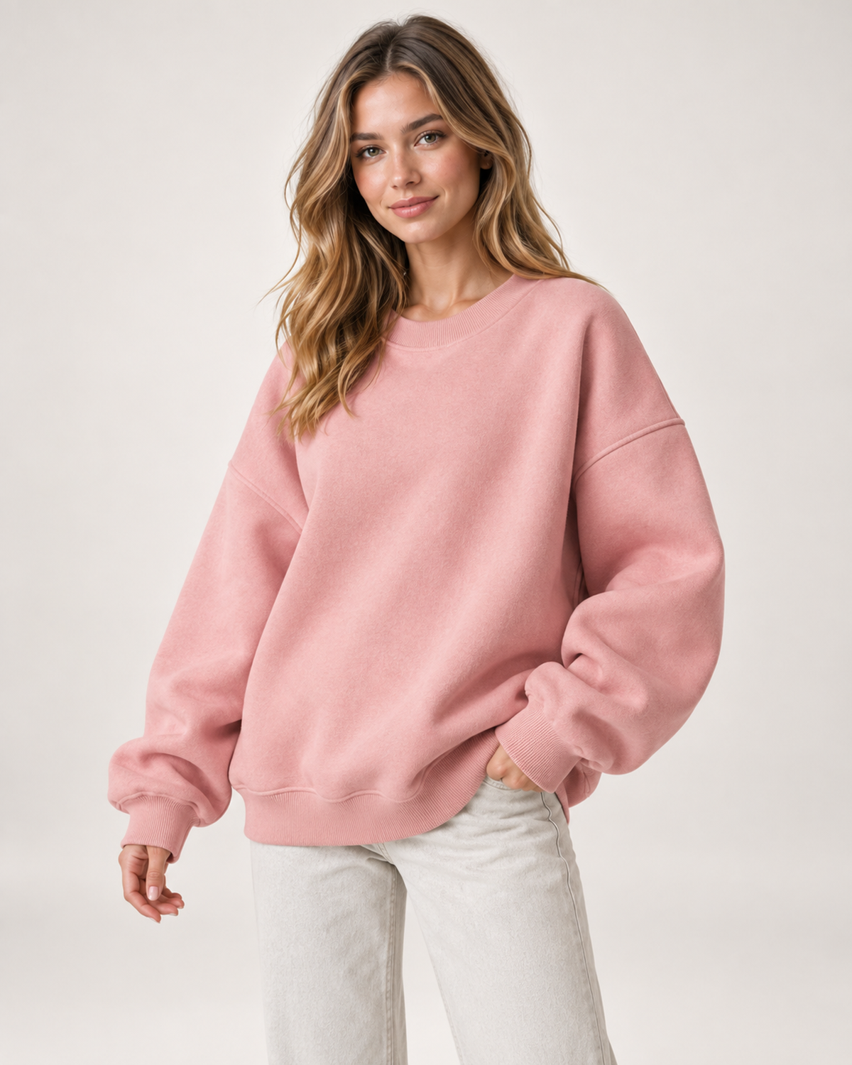 Women’s Oversized Sweatshirt with Crew Neck in Pink, upper body product focus view