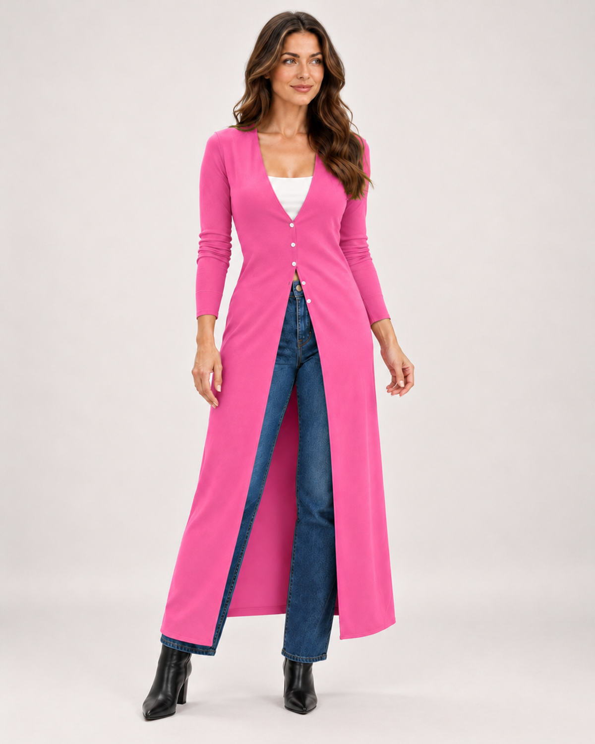Women's Coatigan with V Neck and Longline Button Front pink close variant view