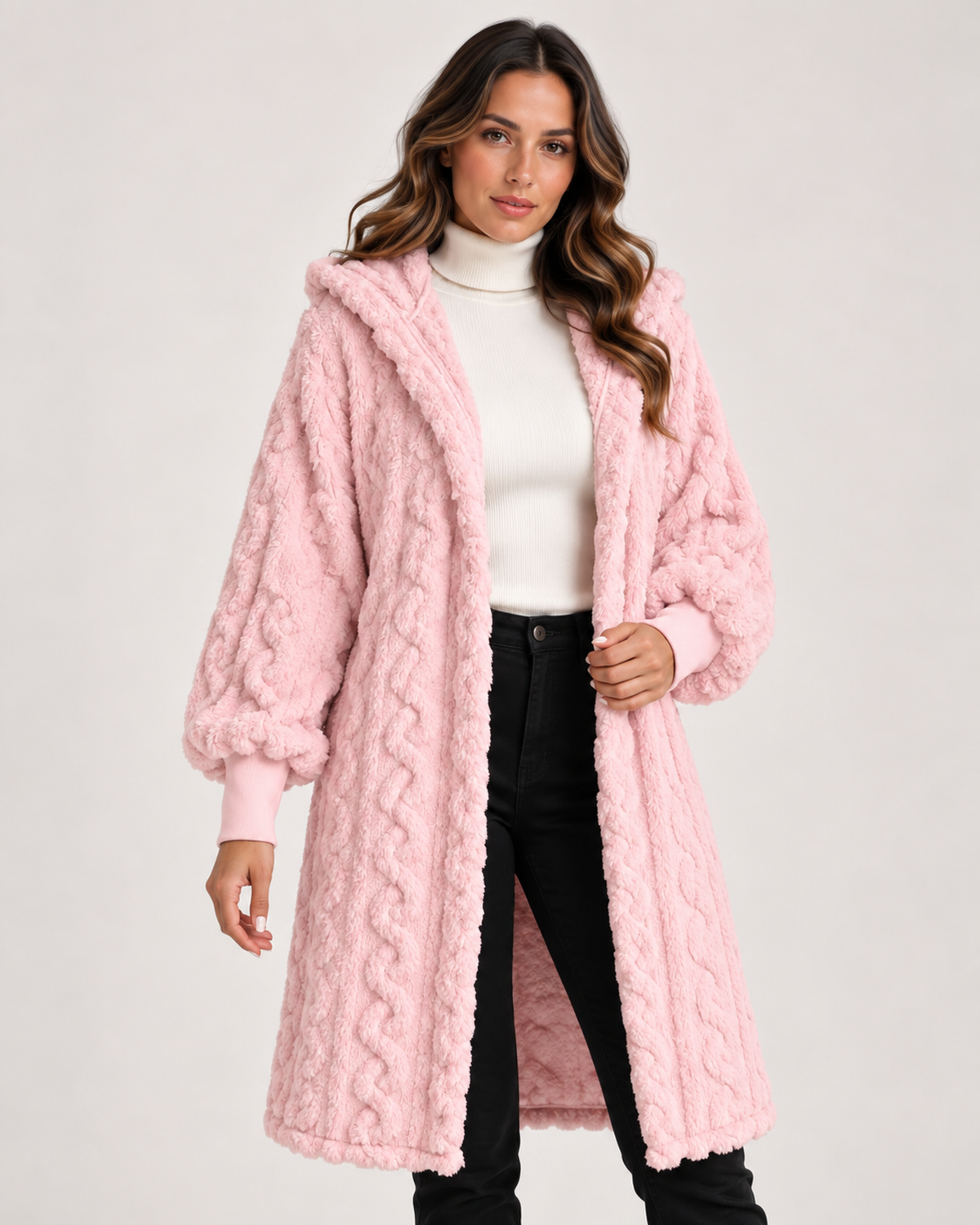 Women’s Longline Cardigan with Hood and Cable Texture in Pink, full body view