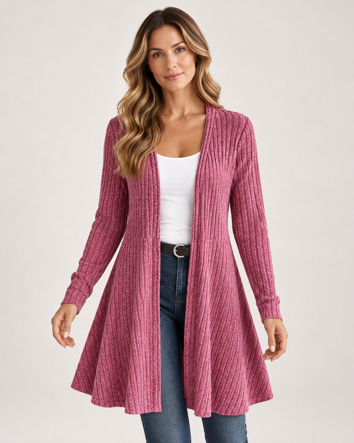Women’s Longline Cardigan with Open Front in Pink, upper body product focus view
