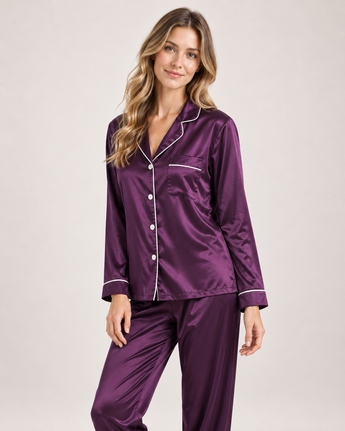Women’s Pyjama Set with Contrast Piping in Purple, lower body product focus view