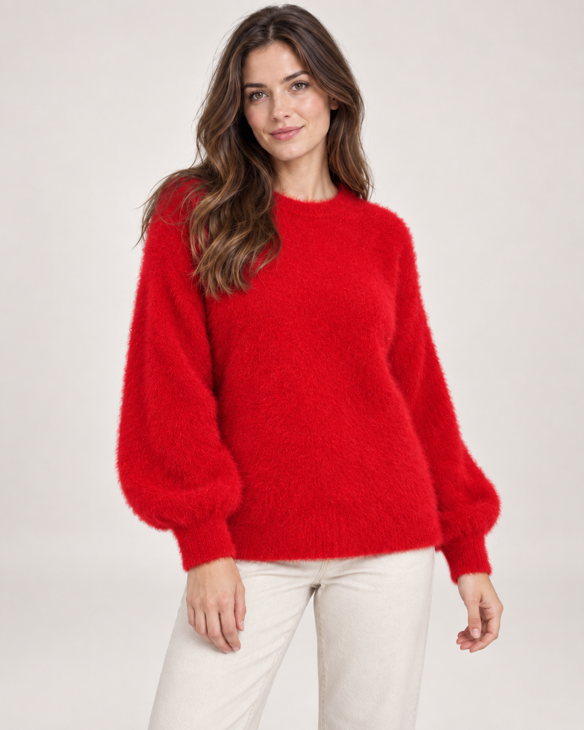 Women’s Fluffy Jumper with Crew Neck in Red, upper body product focus view