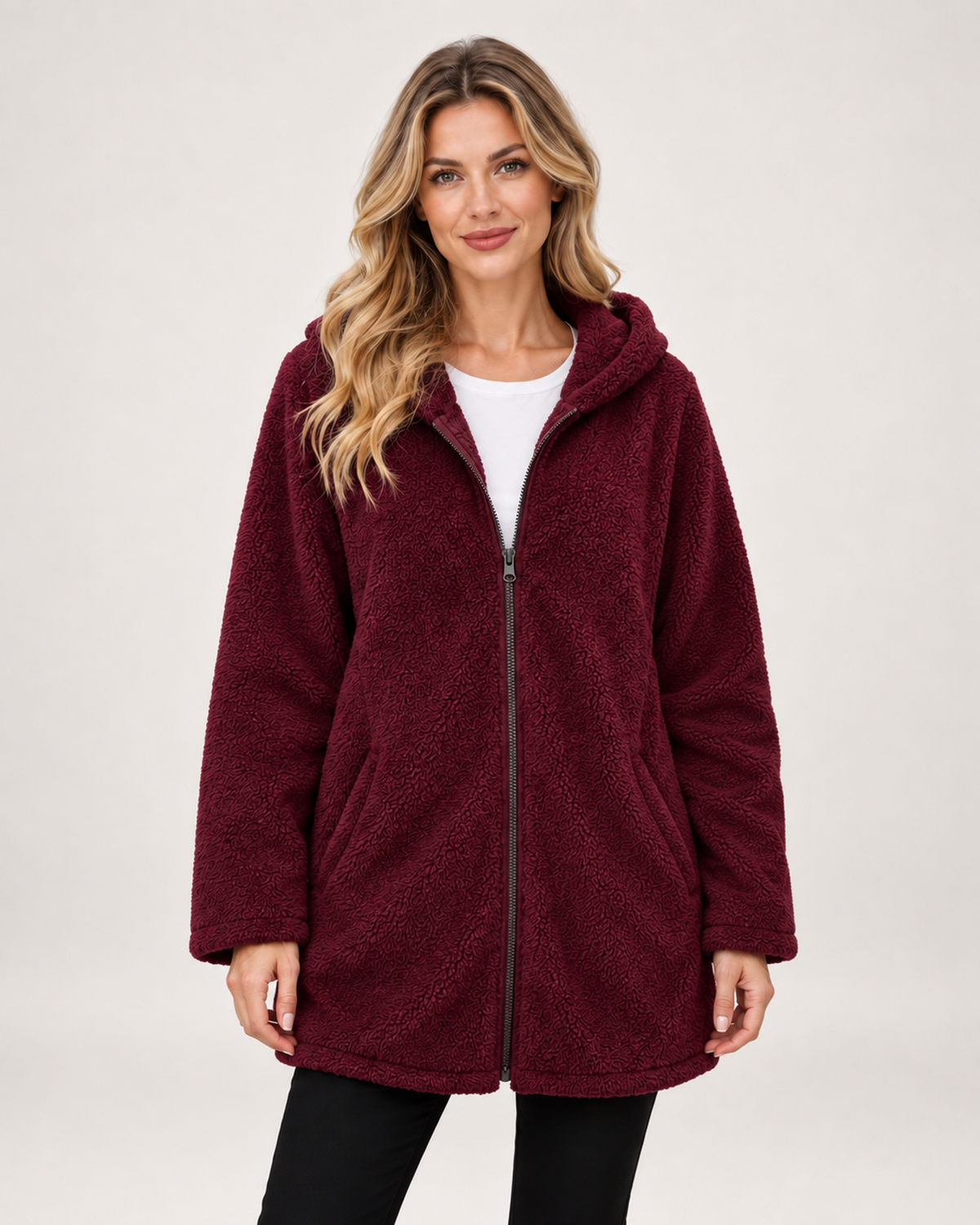 Women’s Fleece Jacket with Hood and Zip Front in Red, short outerwear product focus view