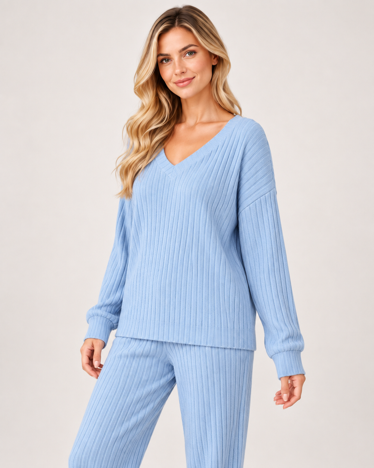 Women’s Loungewear Set with Ribbed Finish and V Neck in Sky Blue, lower body product focus view