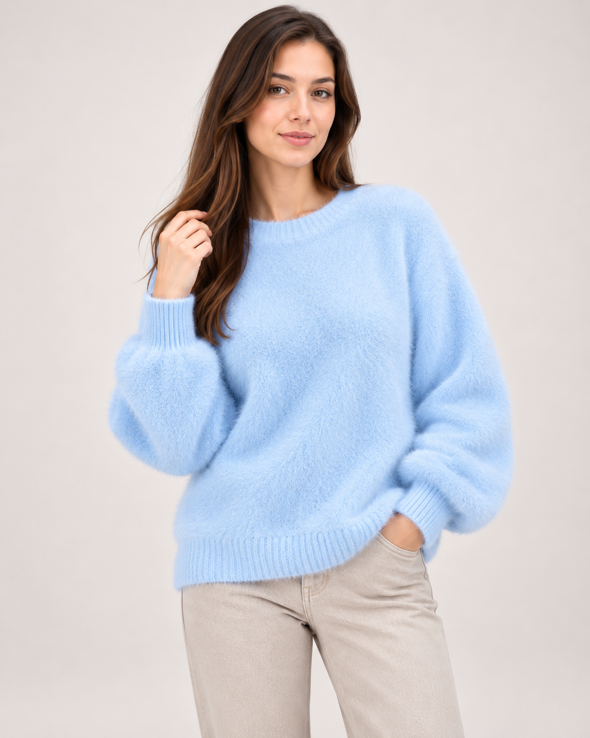 Women's light blue fluffy crew neck jumper
