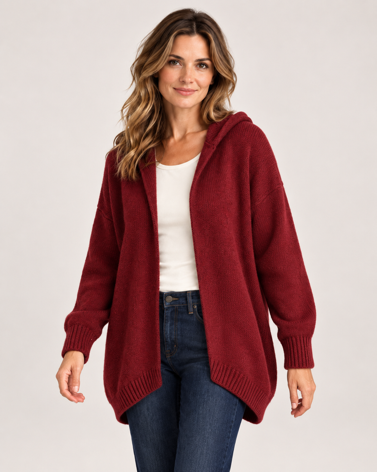 Women’s Hooded Cardigan with Knitted Finish in Wine Red, upper body product focus view