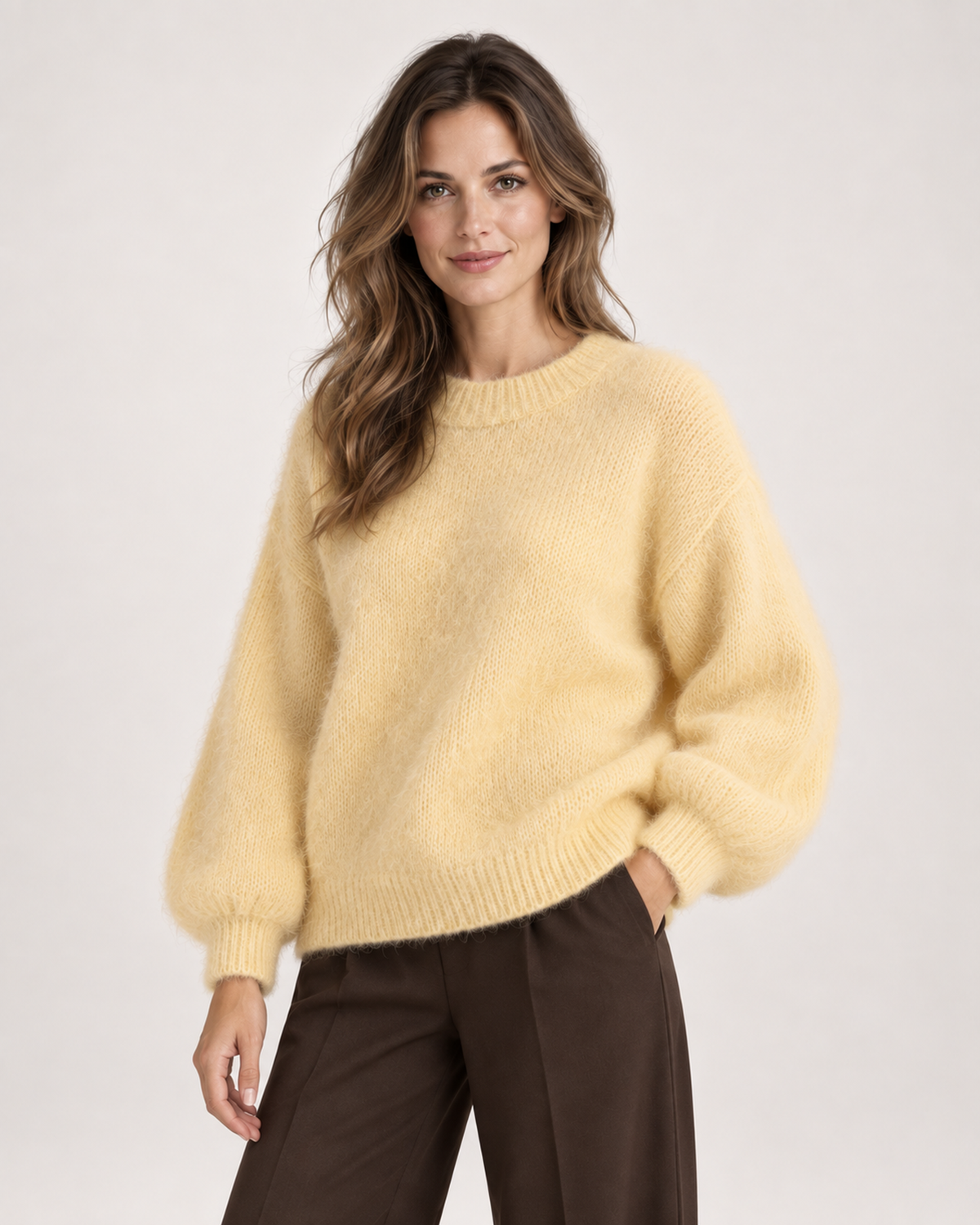 Women’s Fluffy Jumper with Balloon Sleeves in Yellow, upper body product focus view