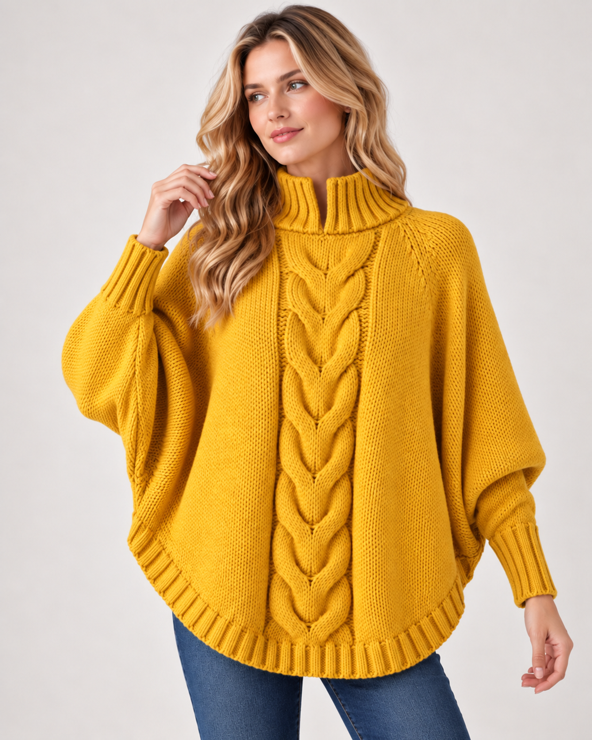 Women's Cable Knit Jumper with High Neck and Batwing Sleeves yellow close variant view