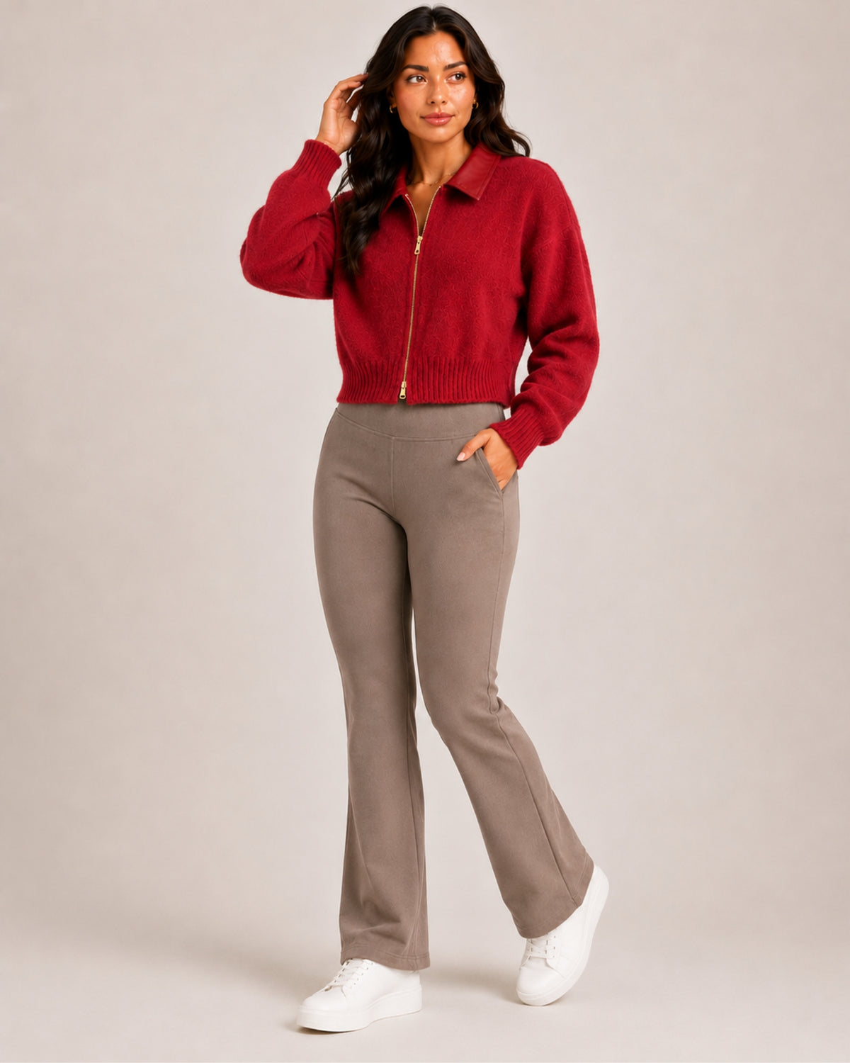 Women's Cropped Zip-Up Cardigan with Contrast Collar