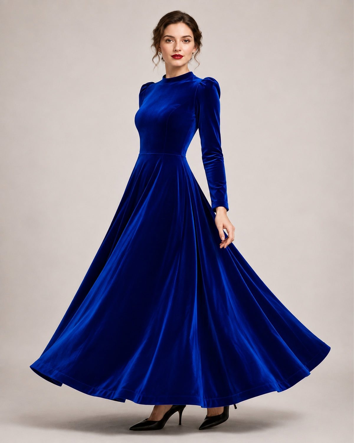 Women's Velvet Dress Midi Long Sleeve A Line Style
